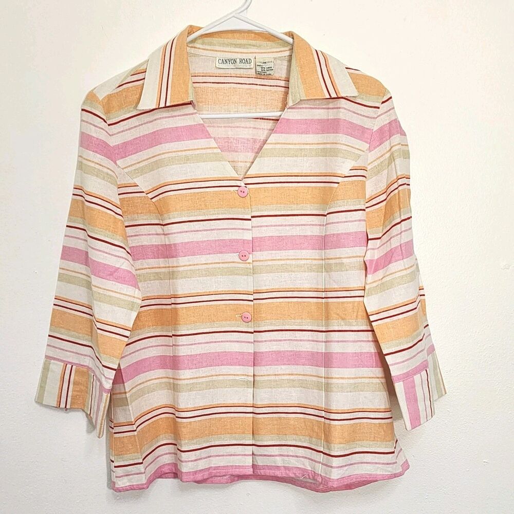 CANYON ROAD Women's M Linen Blend Button Front Top striped 3/4 Sleeve Fun Preppy